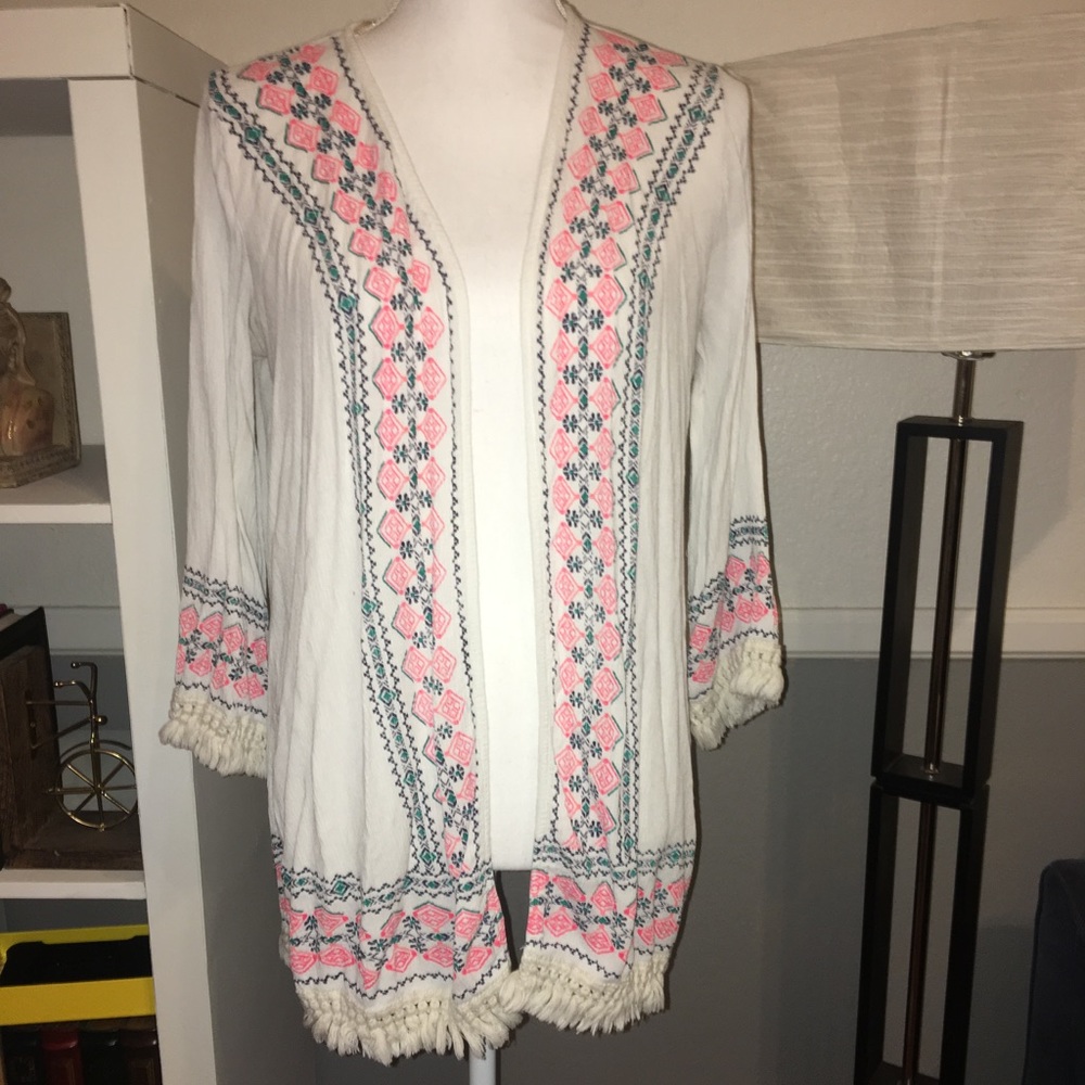 Boho Bohemian Fringe White Aztec Vest Cardigan